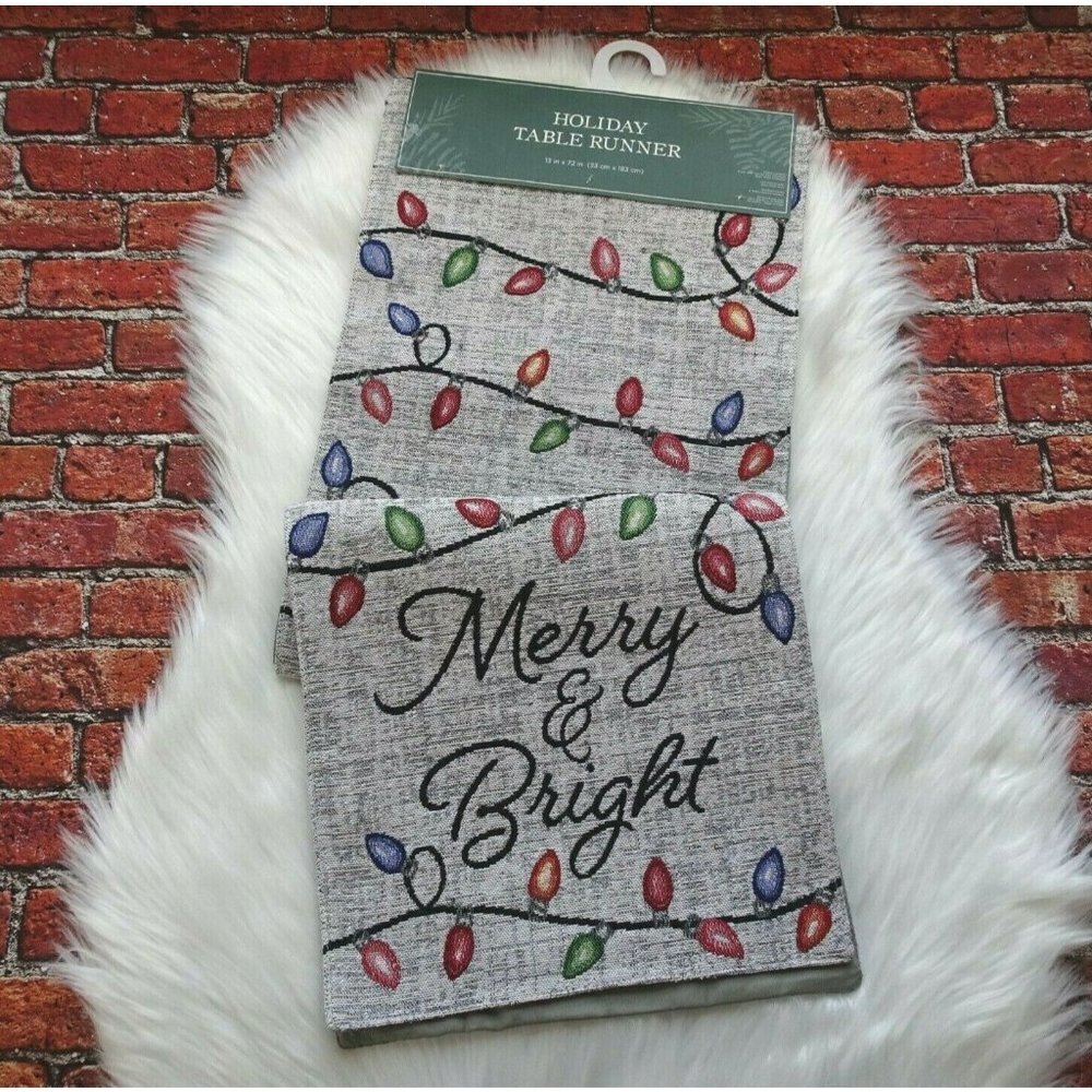 New Holiday Table Runner Christmas Lights Bulbs Merry & Bright Gray Multi Color